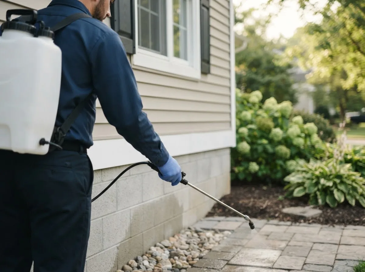 Pest control technician inspecting a home in Miller City, IL